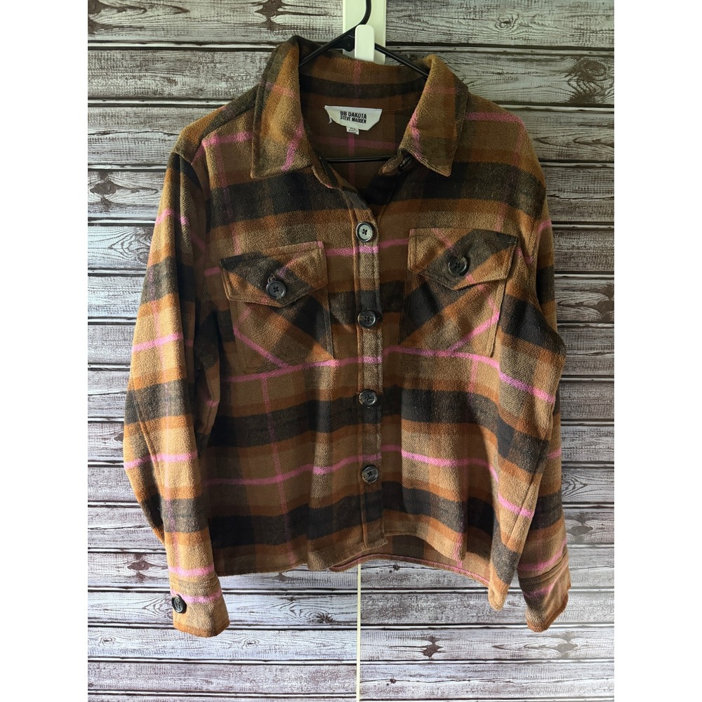 BB Dakota Steve Madden Womens XL Plaid Fleece Shacket Brown Pink